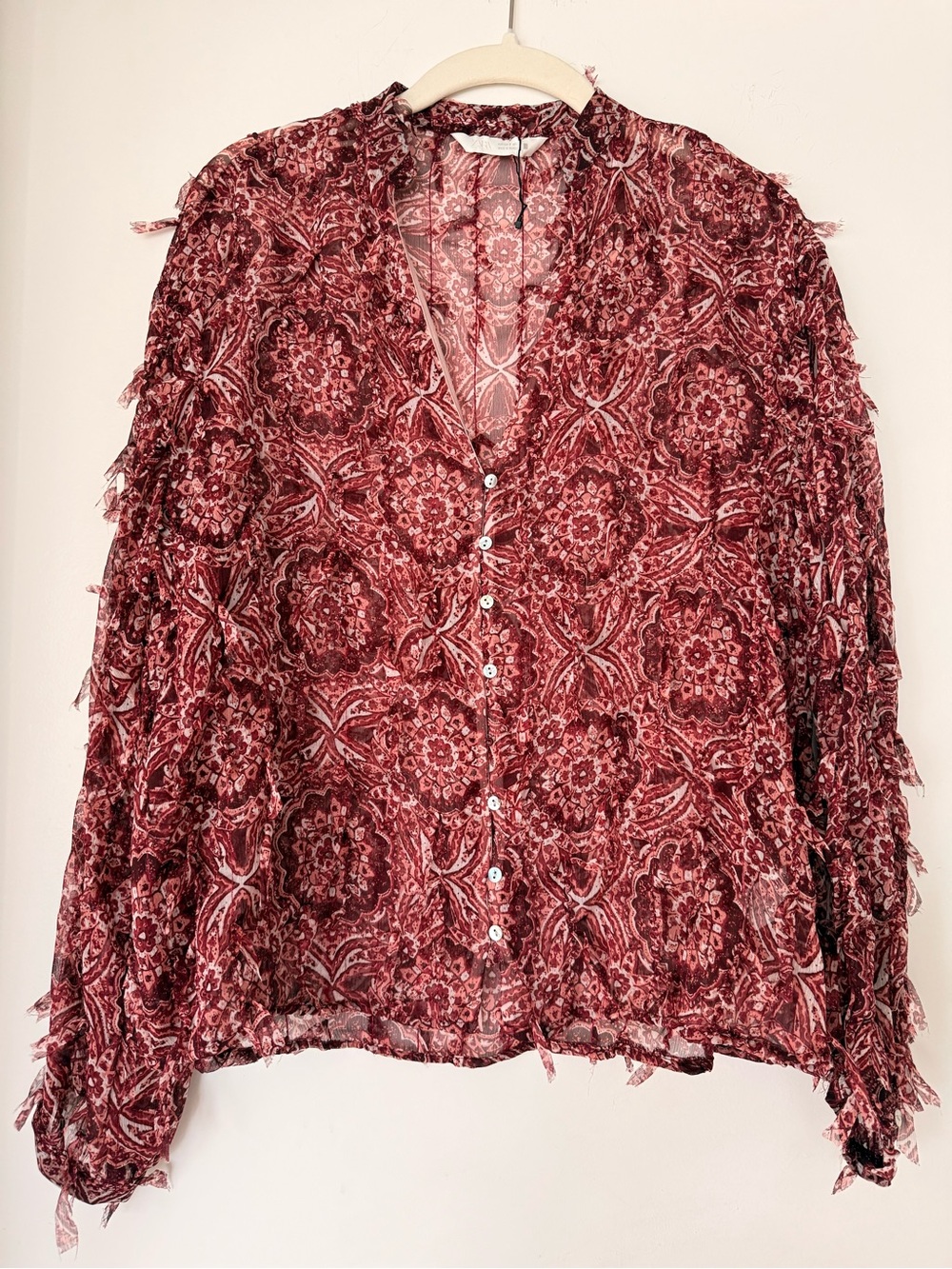 Zara Burgundy Patterned Button-Down Blouse